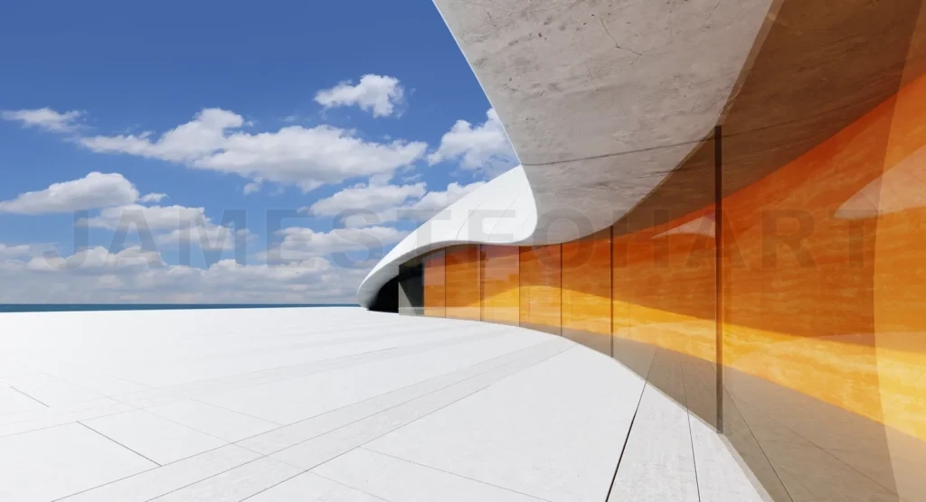 
3D rendering Modern building overlooking tranquil ocean under cloudy blue sky