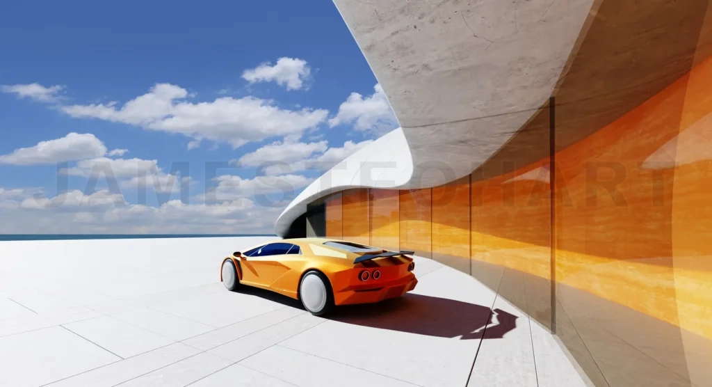 
3D rendering Orange modern sports car parked near futuristic building by the sea