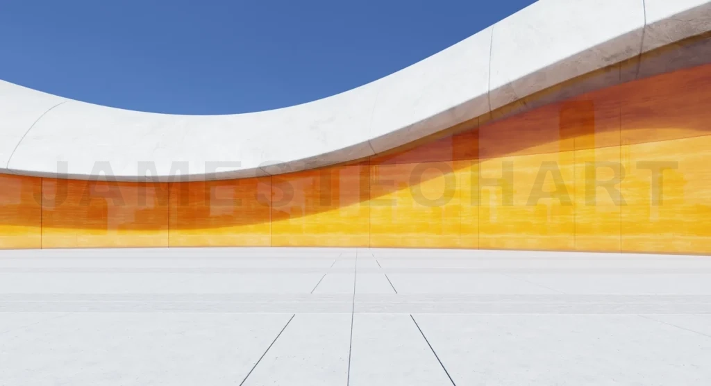 
3D rendering Modern architecture exhibiting orange glass and concrete wall with empty floor