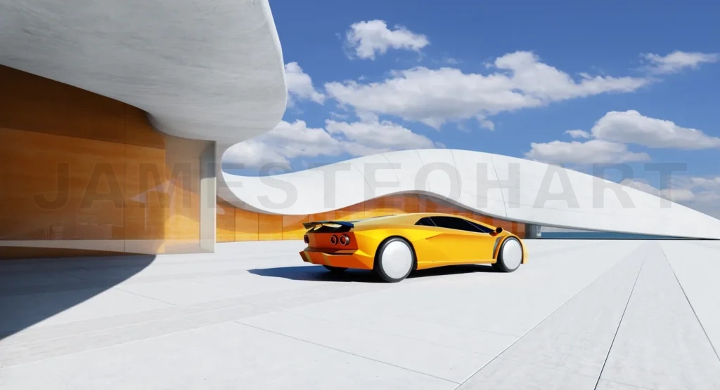 
3D rendering Futuristic yellow sports car parked outside modern architectural building
