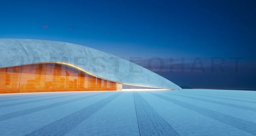 
3D rendering Futuristic concrete and wooden building reflecting city skyline at dusk