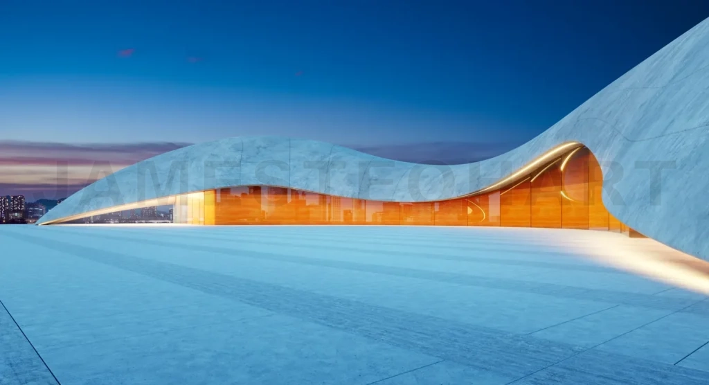 
3D rendering Empty concrete floor with modern futuristic building exterior at twilight