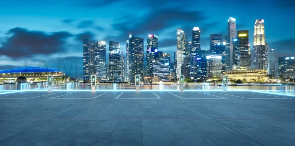
Electric vehicle charging stations illuminating singapore skyline at twilight
