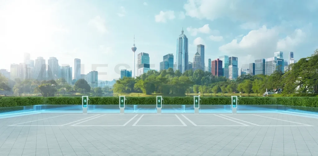 
Empty parking lot with ev charging stations and kuala lumpur cityscape