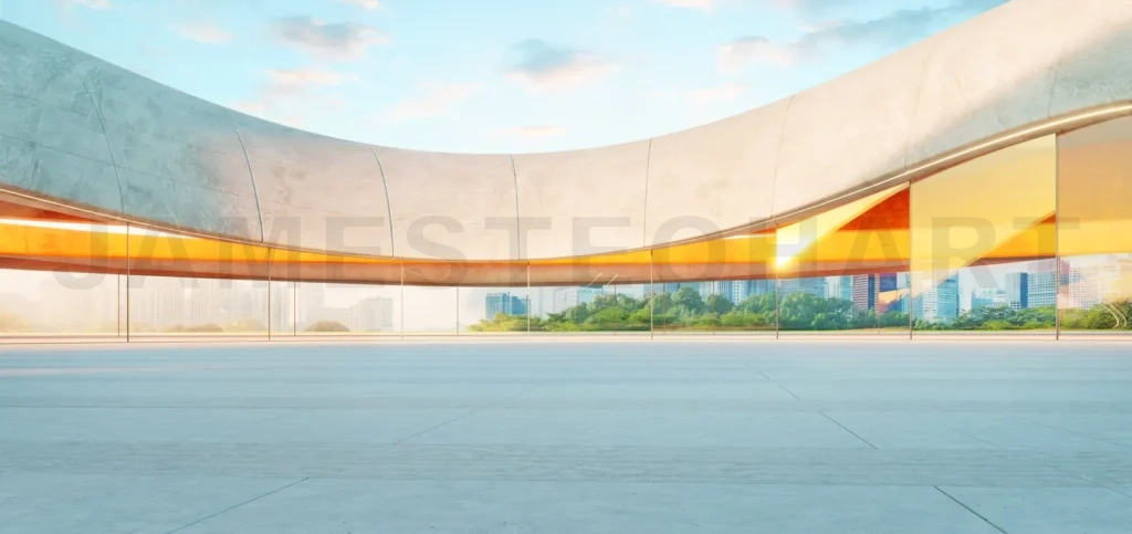 
3d rendering Modern architecture concrete building with curved walls and glass windows overlooking city skyline