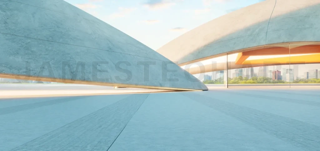 
3d rendering Modern concrete building exterior with city skyline view