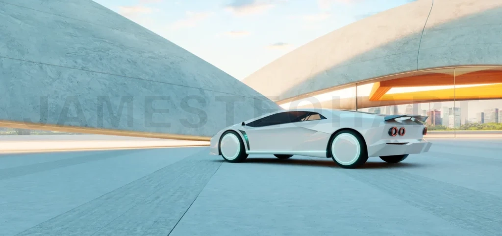 
3d rendering Futuristic white sports car parked in modern architectural space
