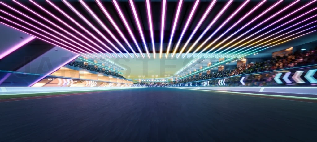 
3D Futuristic racetrack with led lights at twilight