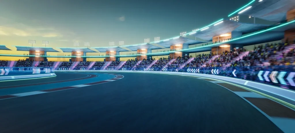 
3D Illuminated race track stadium at dusk