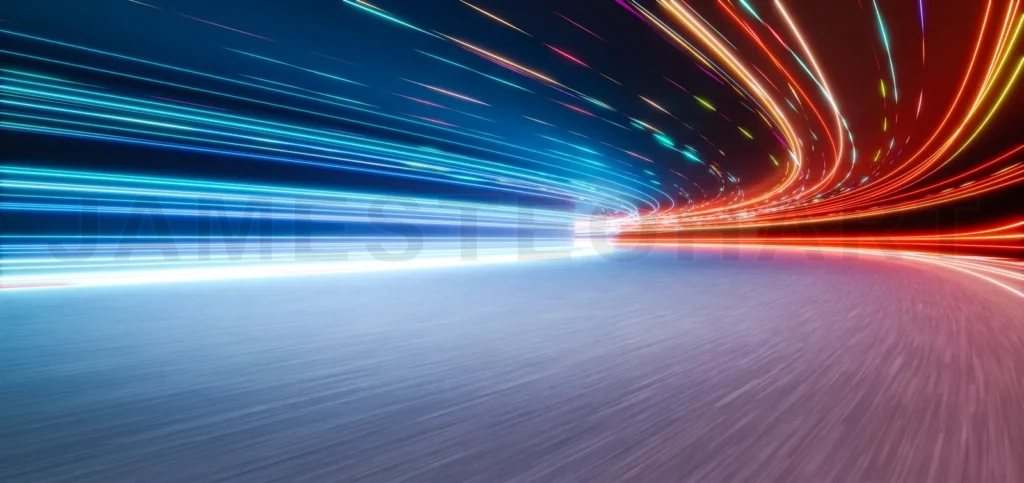 
3d rendering light trails illuminating curved path in futuristic tunnel at night