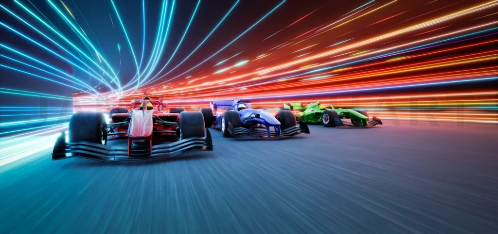 
3d rendering racing cars competing on futuristic track with light trails at night