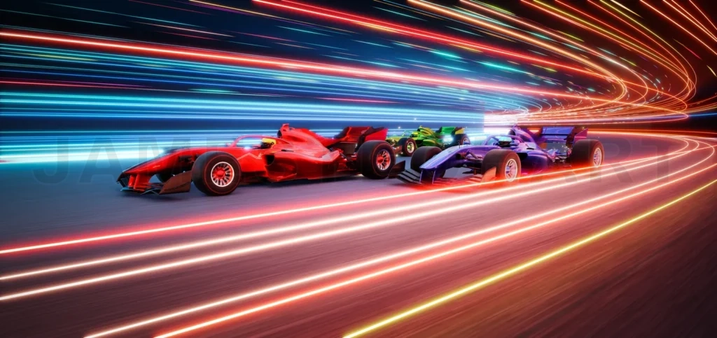 
3d rendering racing cars speeding on futuristic track with light trails at night, leaving light trails