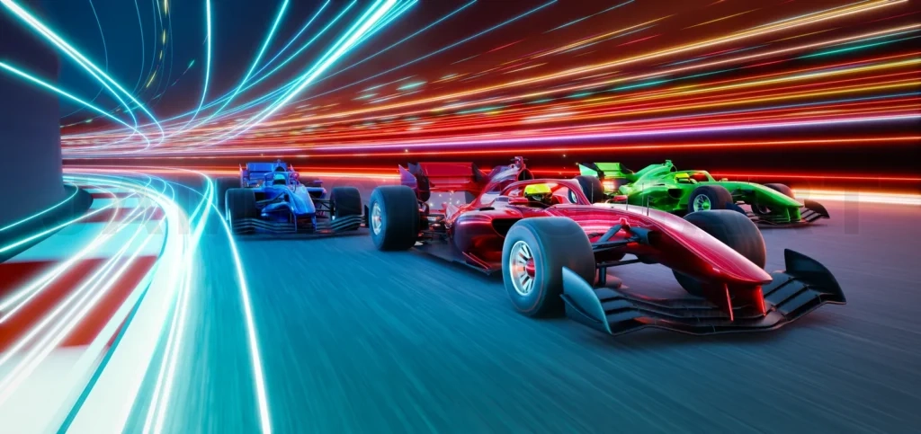 
3d rendering racing cars competing on futuristic illuminated track at night