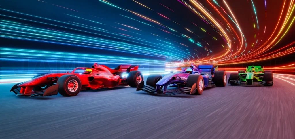 
3d rendering racing cars competing on futuristic track with light trails