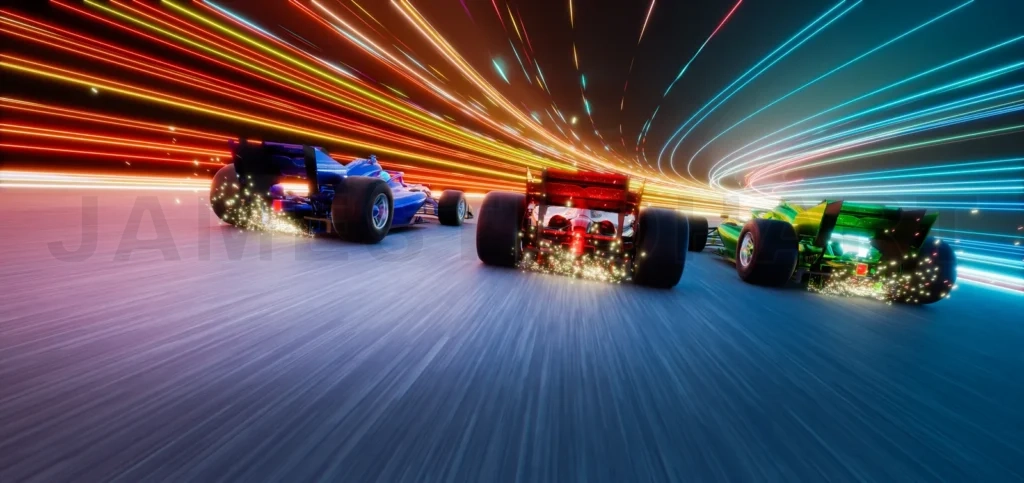
3d rendering racing cars speeding on futuristic track with light trails