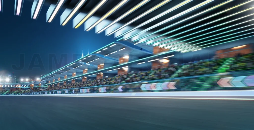 
3d rendering moving racetrack with arrow neon light decoration