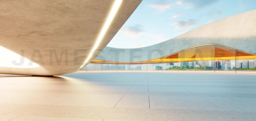 
3d rendering Empty parking lot with modern concrete structure and city view