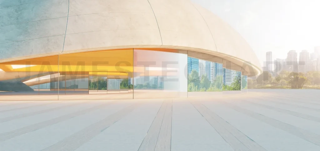 
3d rendering Modern parking lot with futuristic concrete and glass building reflecting cityscape