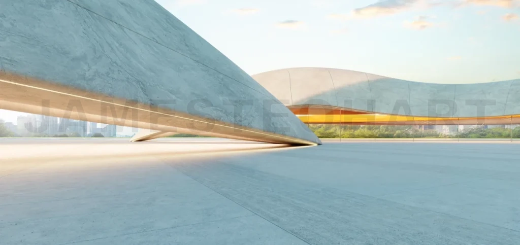 
3d rendering Empty parking lot with modern concrete architecture at sunset: 3d rendering