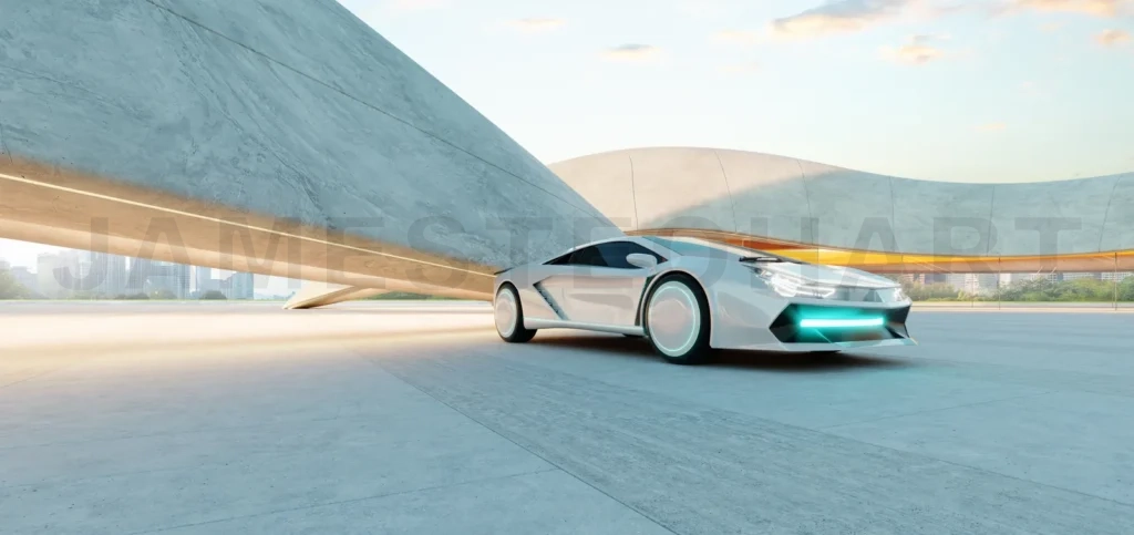 
3d rendering Futuristic white sports car parked under modern concrete architecture at sunset