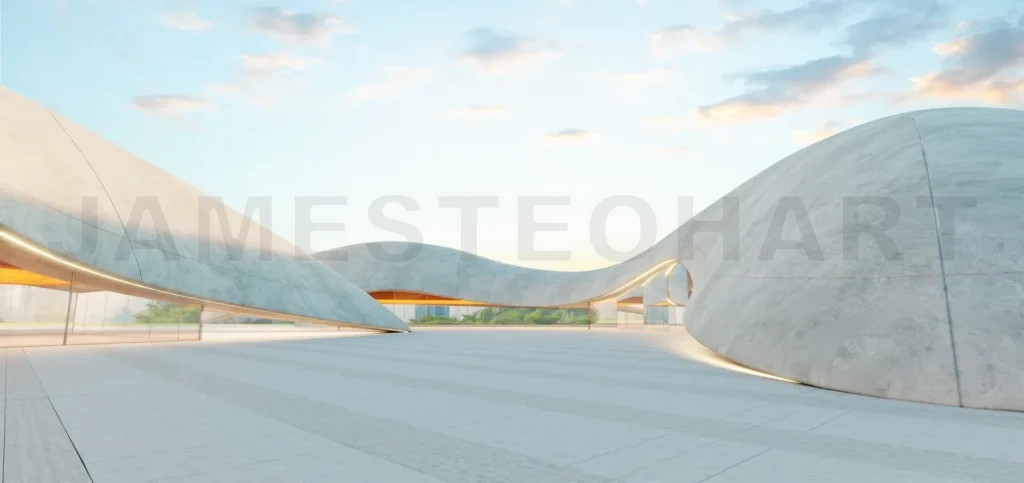 
3d rendering Futuristic concrete parking lot with organic design at sunset: 3d rendering
