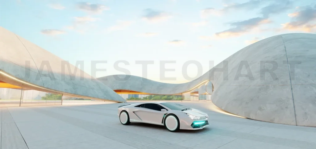 
3d rendering Futuristic white sports car parked in a modern parking lot with curved concrete architecture