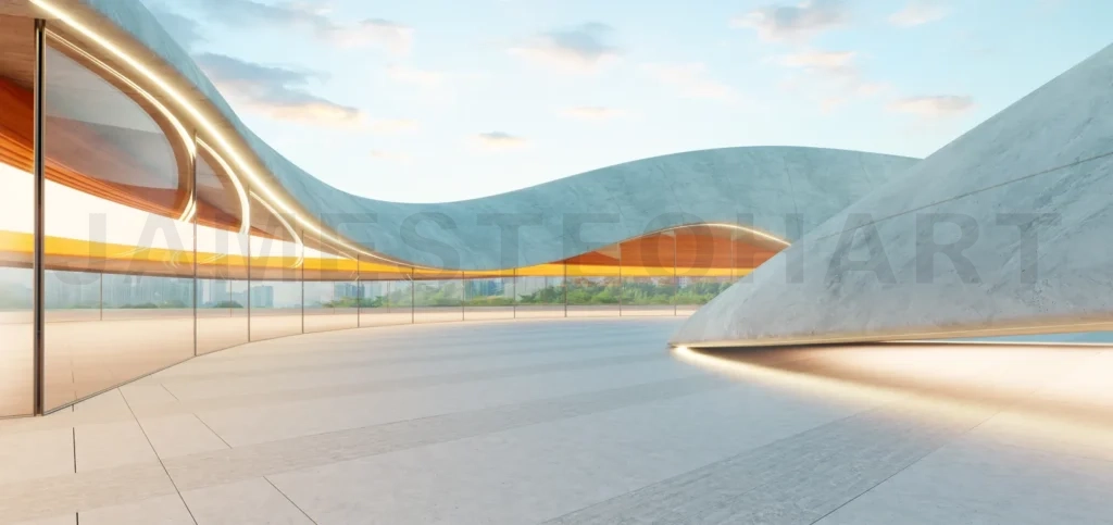 
3d rendering Modern parking lot with futuristic concrete and glass design during sunset