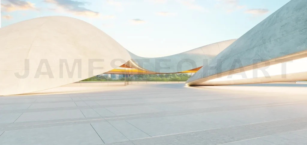 
3d rendering Modern parking lot with futuristic concrete canopy structure at sunset: 3d rendering