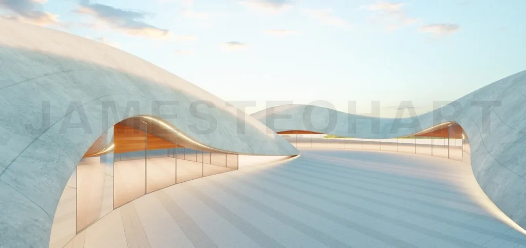 
3d rendering Futuristic parking lot with concrete canopy structures at sunset: 3d rendering