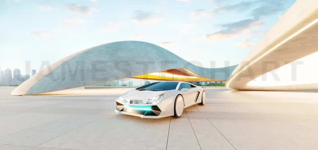 
3d rendering Futuristic white sports car parked in a modern parking lot