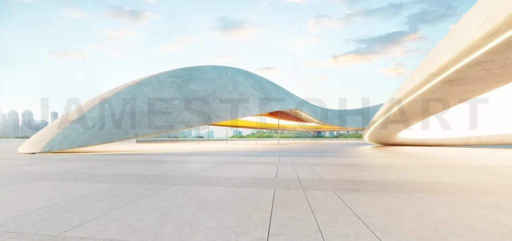 
3d rendering Futuristic parking lot with modern concrete structures and city skyline