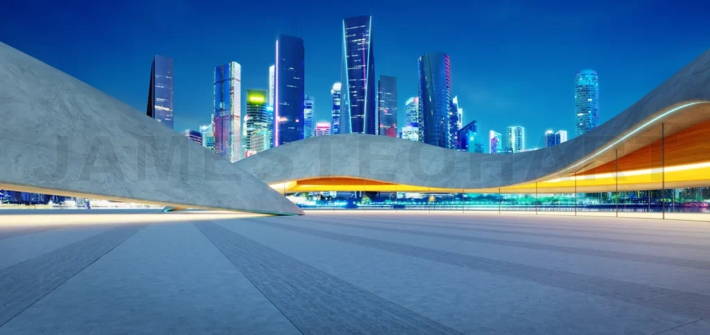 
3d rendering Empty parking lot floor with modern city skyline in background at dusk