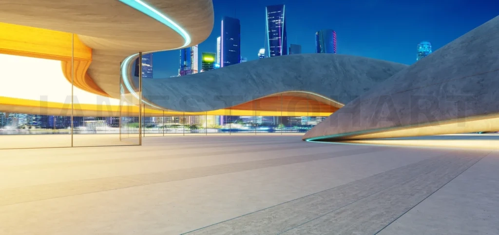 
3d rendering Futuristic parking lot with illuminated modern architecture at night