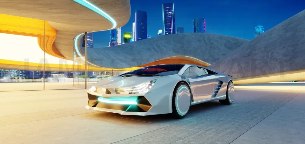 
3d rendering Futuristic autonomous car parking in smart city garage at night