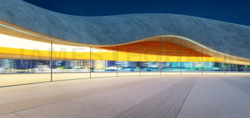 
3d rendering Futuristic parking lot overlooking illuminated city at night