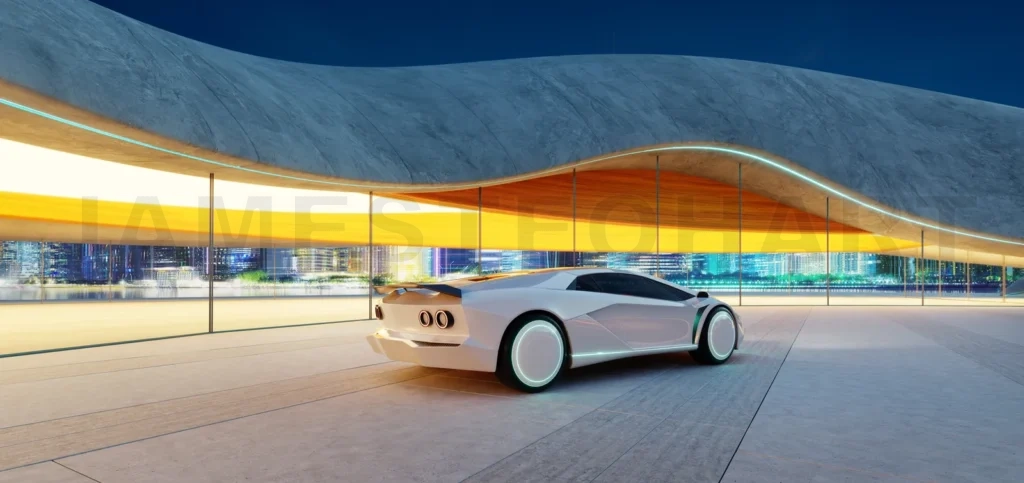 
3d rendering Futuristic white sports car parked in modern garage with city view