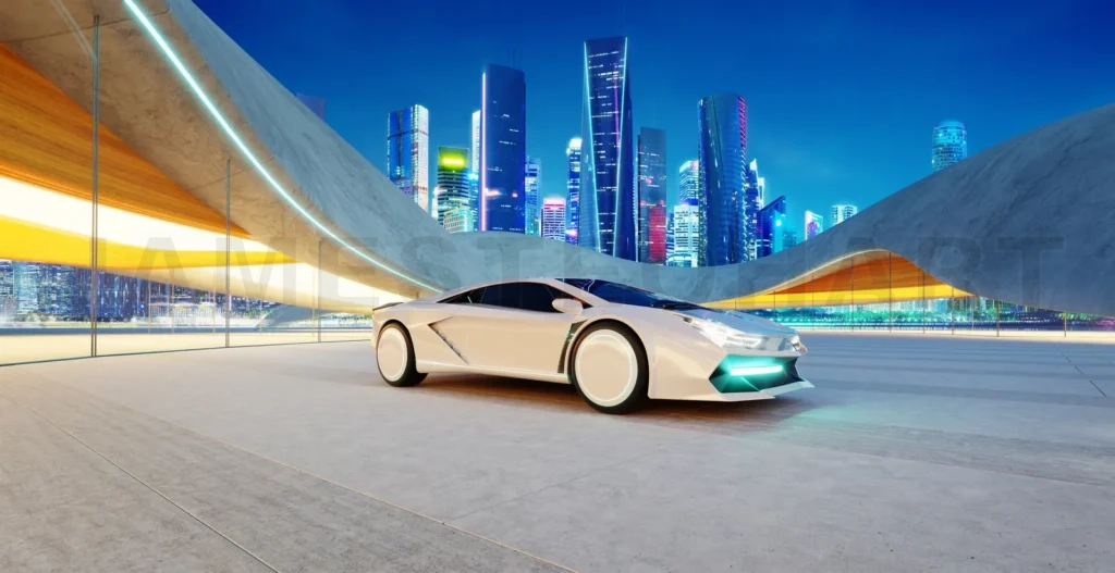 
3d rendering Futuristic white sports car parked in modern city parking lot at night