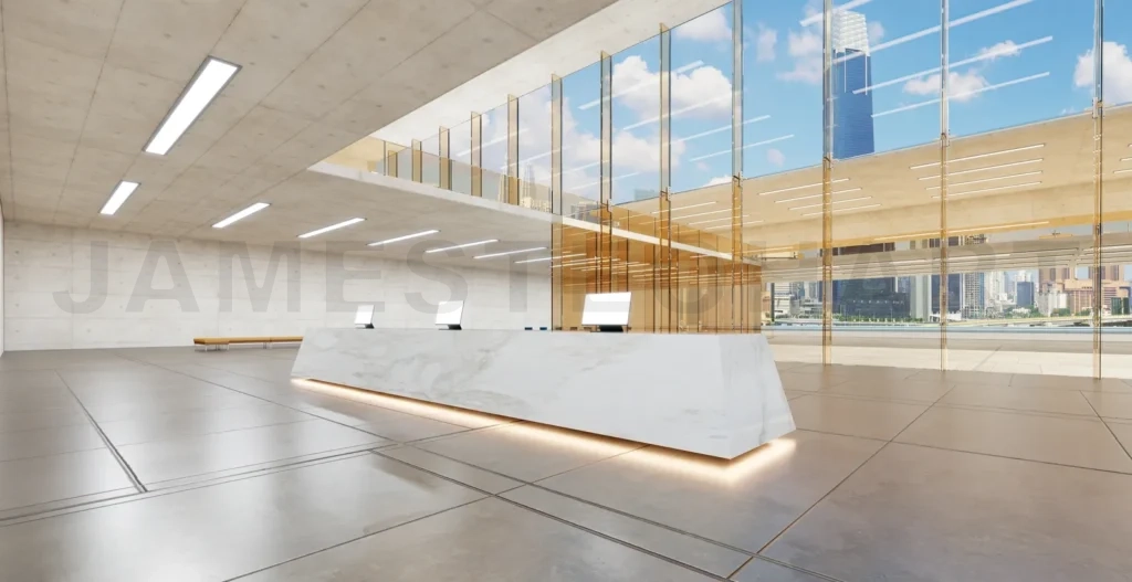
3d rendering bright reception area featuring a marble desk