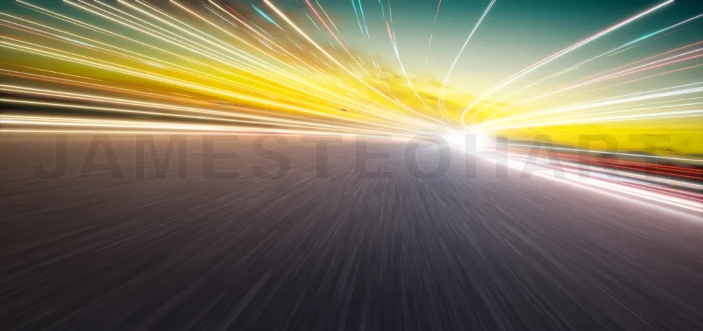 
3d rendering light trails painting the asphalt at sunset during high-speed drive