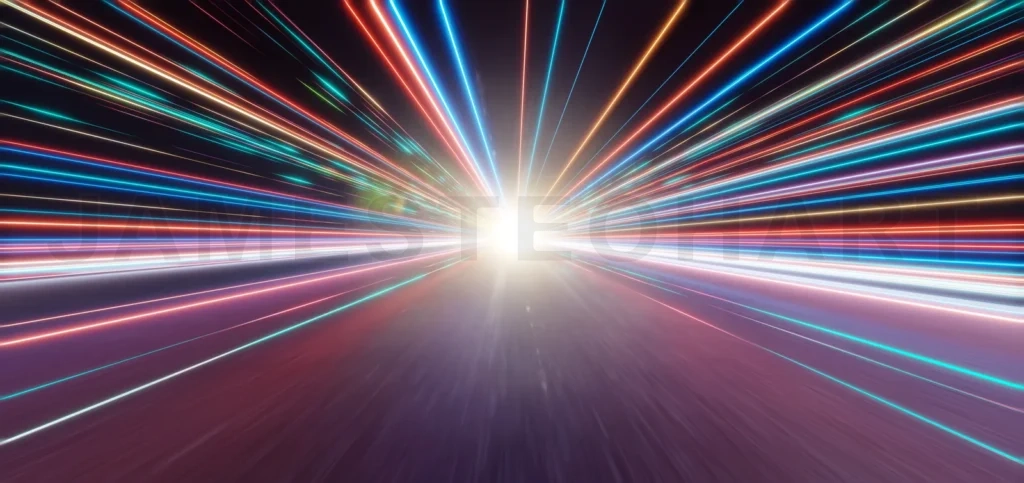 
3d rendering speeding through time and space with light trails converging on bright horizon