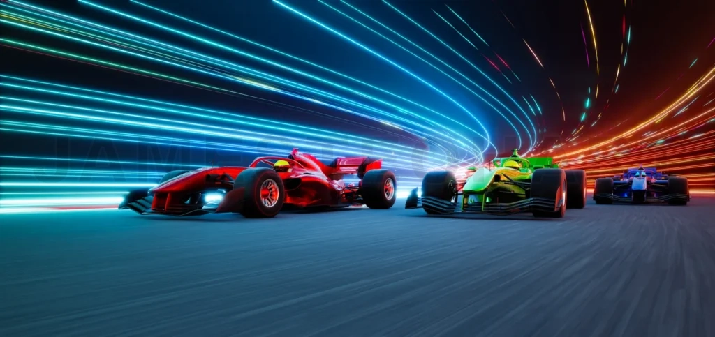 
3d rendering racing cars racing on futuristic illuminated track at night