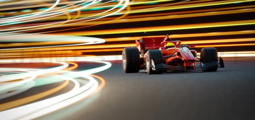 
3d rendering red racing car speeding on illuminated track at night