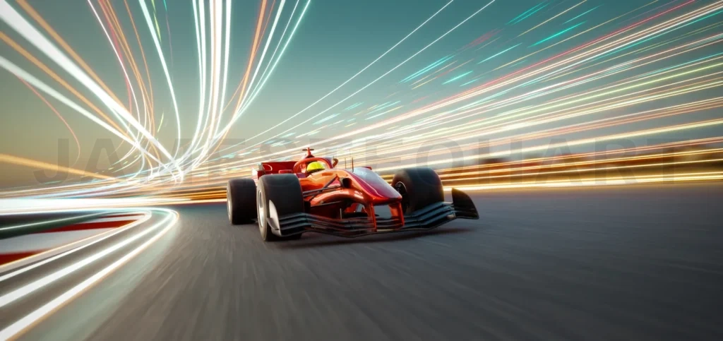 
3d rendering red racing race car speeding on a circuit with light trails at dusk