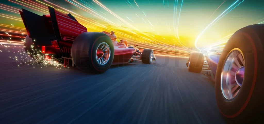 
3d rendering racing cars racing on a track at sunset with motion blur and light trails