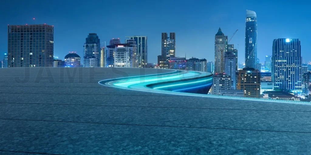 
3d rendering city skyline with modern building and glowing platform