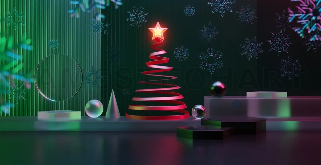 
3d rendering christmas abstract setting with glowing tree and snowflakes