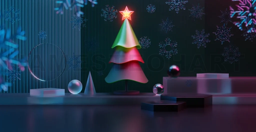 
3d rendering neon christmas tree with abstract winter holiday display
