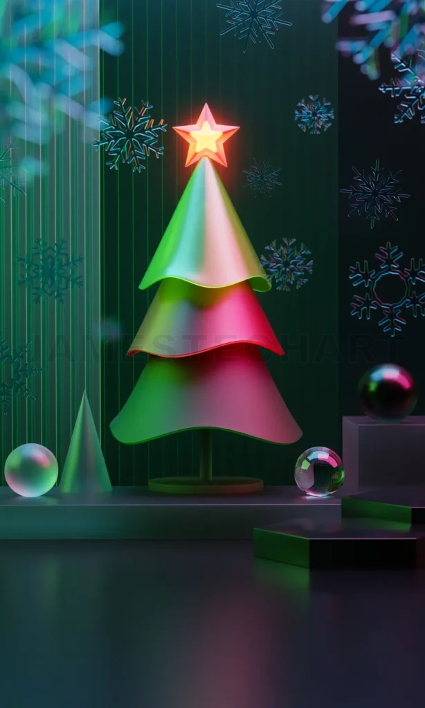
3d rendering modern christmas tree with glowing star and abstract snowflakes