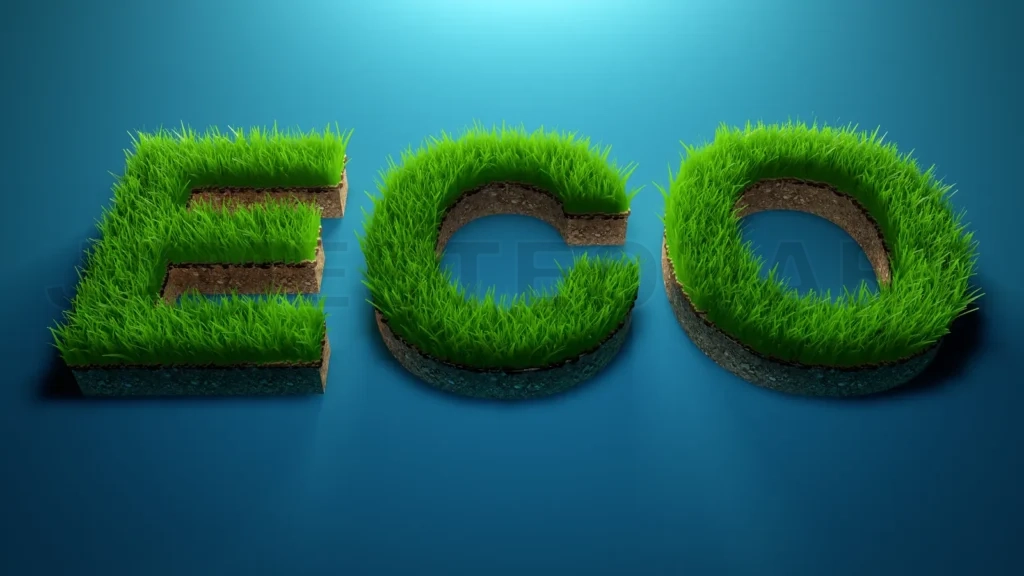 
3D Rendering Eco Word Made Of Green Grass On Gradient Blue Background