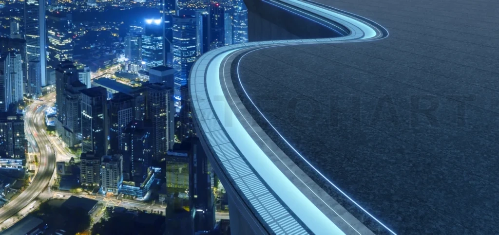 
3d rendering futuristic curving rooftop above modern cityscape at night